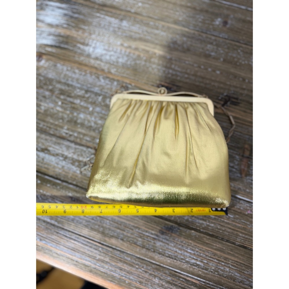 Vintage HL USA Gold Metallic Evening Bag Rhinestone Frame Kiss Lock Clutch Chain - Picture 7 of 8
